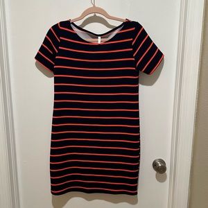 PinkBlush Maternity Navy/Coral Striped Fitted Short Sleeve Dress Women's Small